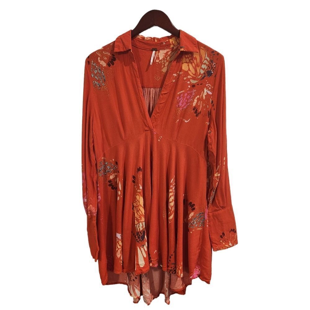 Free People Field Of Butterflies Tunic Top Floral Orange Medium - Picture 2 of 9